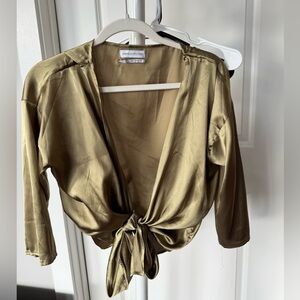 Urban Outfitters Olive Satin Tie-Front Blouse
